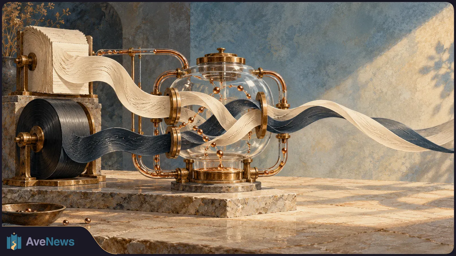 A painted brass-and-glass machine guides pale and dark ribbons from two large spools, weaving them together above a sunlit stone table. SI illustration