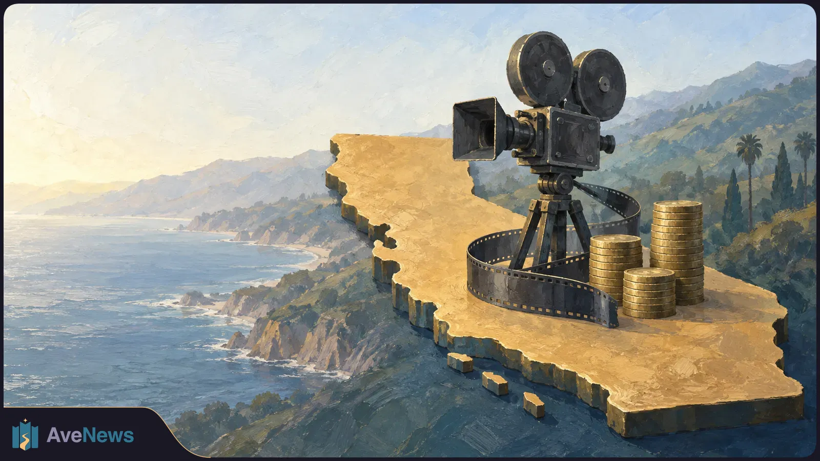 Painted illustration of a vintage film camera, filmstrip and stacks of coins on a California-shaped platform above a coastal landscape. SI illustration