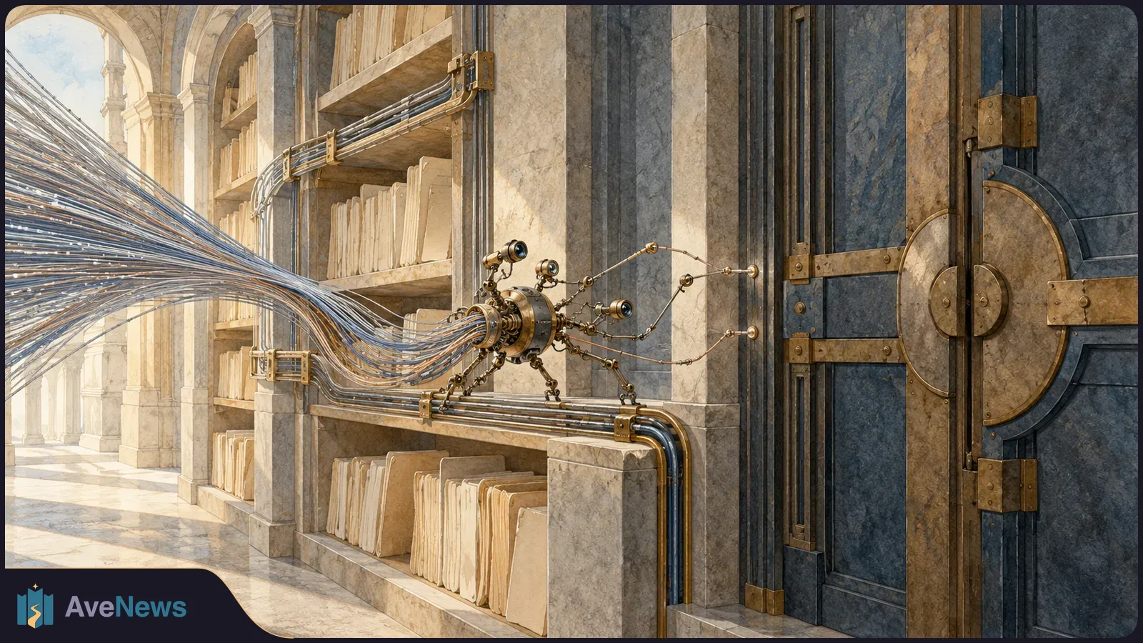 Cables converge on a small mechanical probe reaching toward a closed vault door beside shelves of folders in a sunlit stone hall. SI illustration