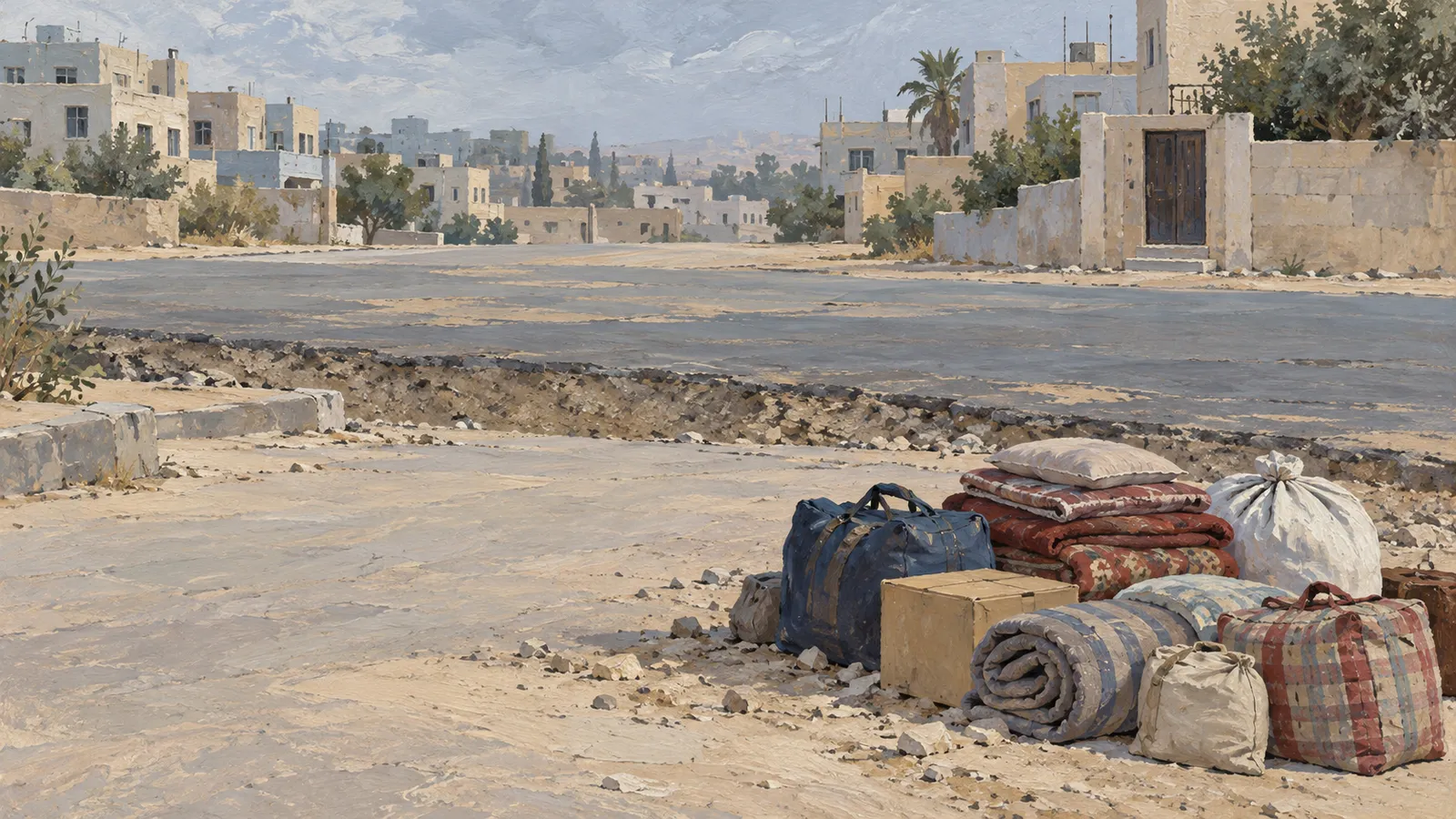 Painted scene of bags, folded blankets and a cardboard box beside an empty road, with pale buildings and trees in the background. SI illustration