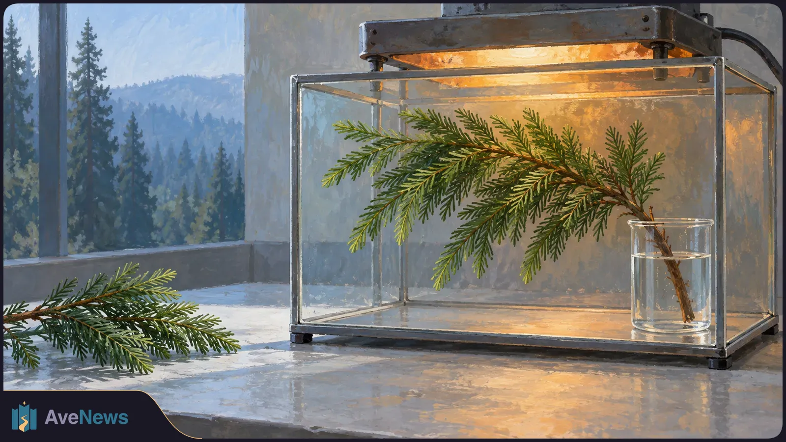 Painted scene of an evergreen branch in a water-filled beaker inside a glass chamber beneath a warm light, with another branch on the table and a forest visible through the window. SI illustration