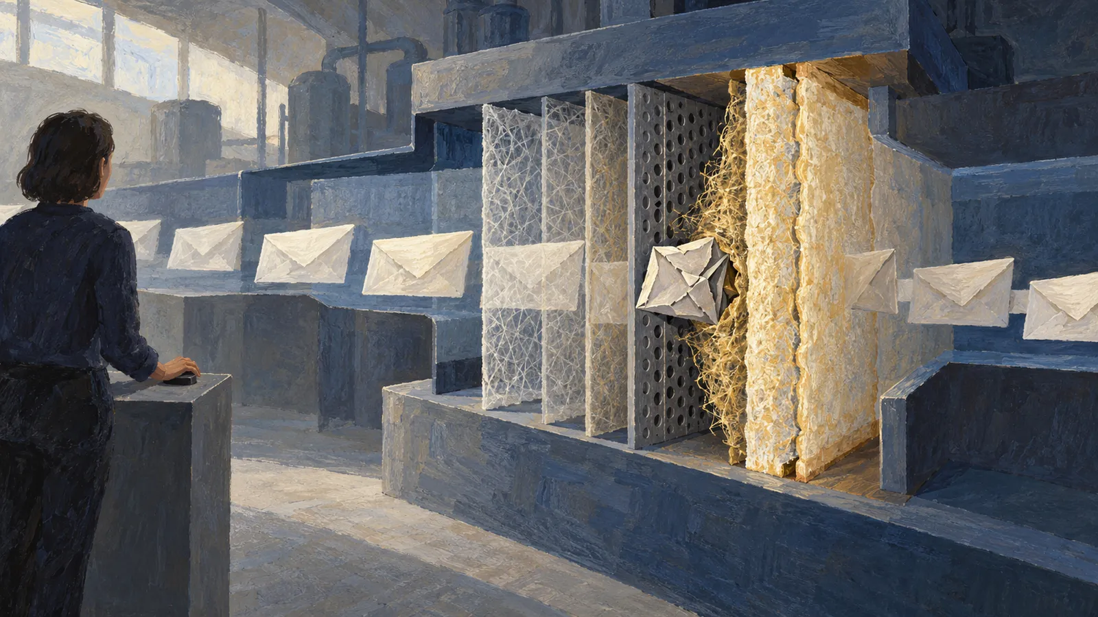A person watches envelopes pass through layered mesh and panels in a large blue-gray machine; one envelope is crumpled between the layers. SI illustration