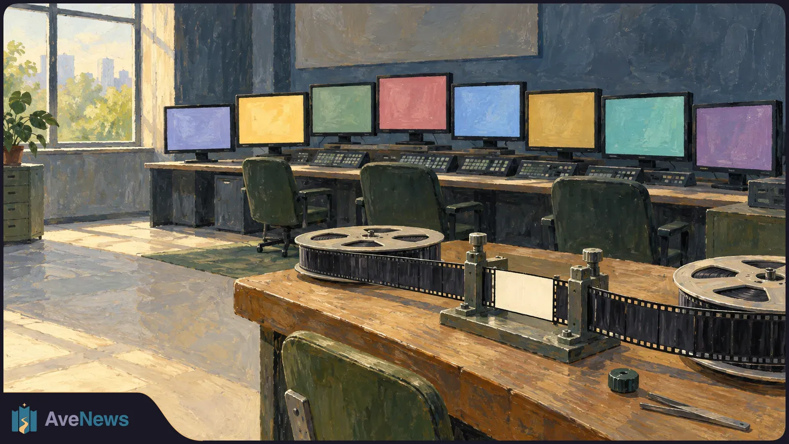 Painted illustration of eight blank, differently coloured monitors above a desk, with empty chairs and film reels in the foreground. SI illustration