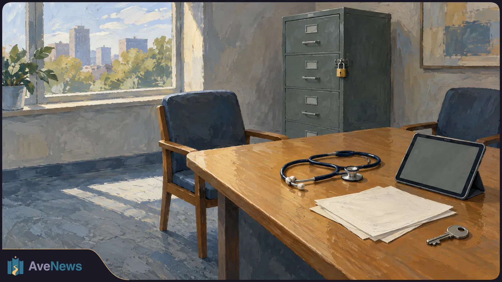 Painterly office scene with a stethoscope, blank tablet, papers and key on a wooden table beside a padlocked filing cabinet. SI illustration