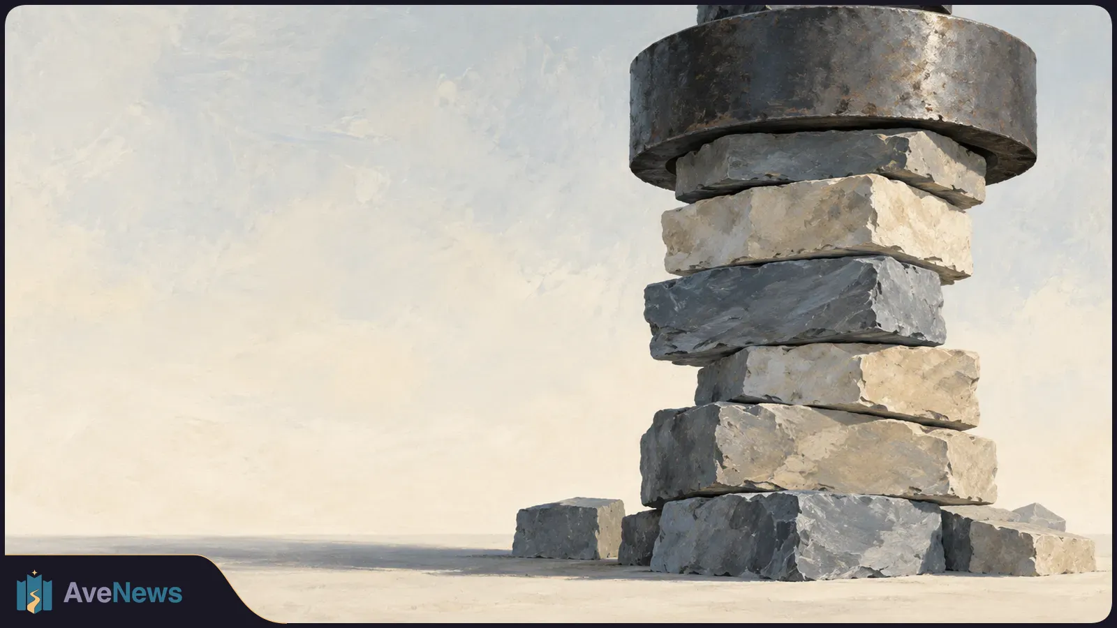 A large dark metal cylinder presses onto a stack of rough gray and beige stone blocks against a pale, empty background. SI illustration