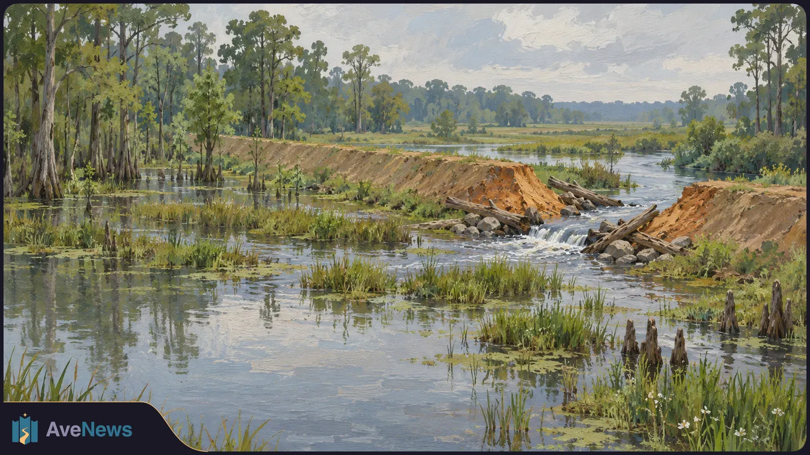A painted wetland landscape with water flowing through a gap between earthen banks and fallen logs, surrounded by reeds and trees. SI illustration