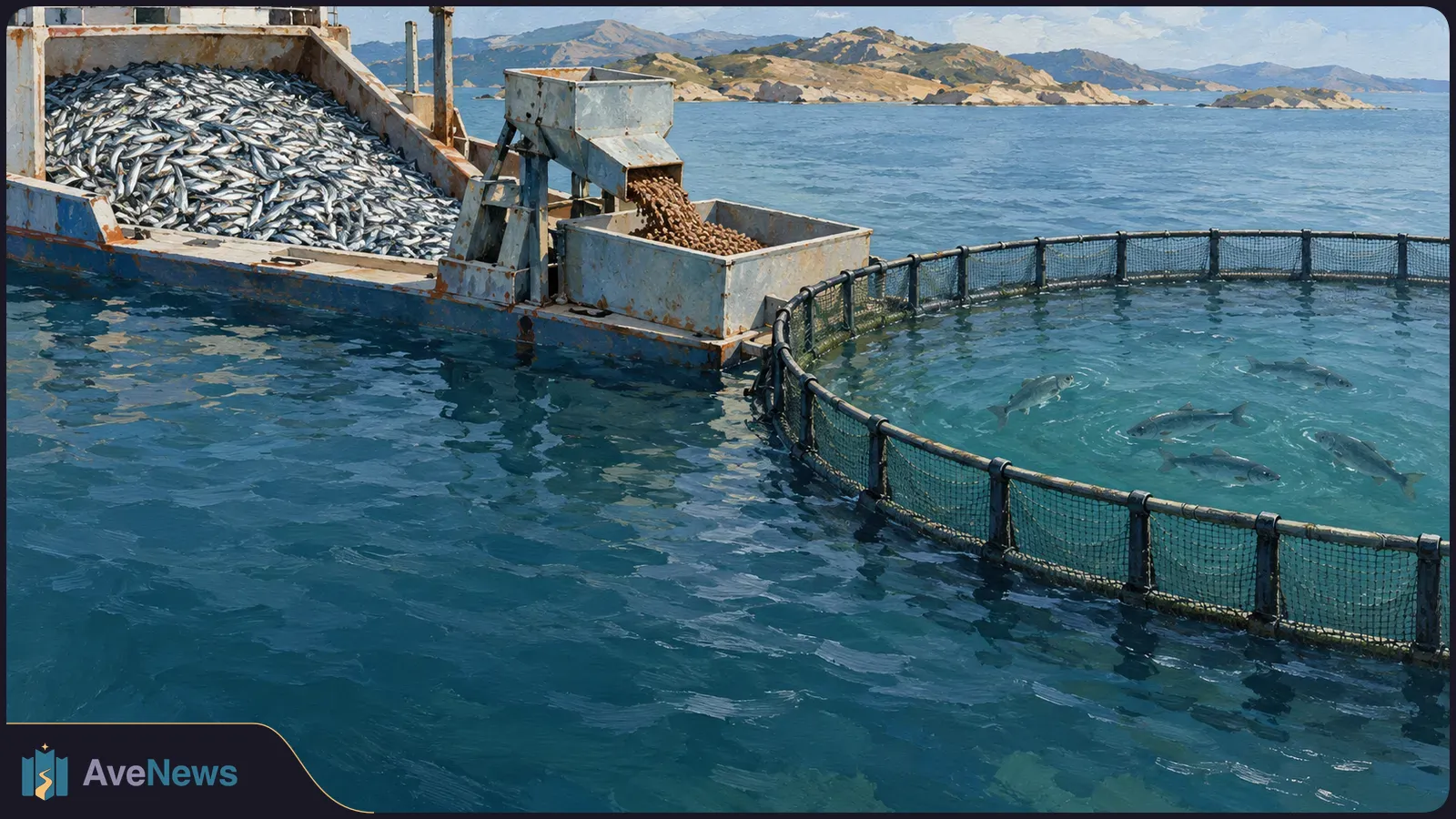 A painted scene shows a barge piled with silver fish beside a circular fish pen. Brown pellets pour from a chute into a metal bin, and fish swim inside the net. SI illustration