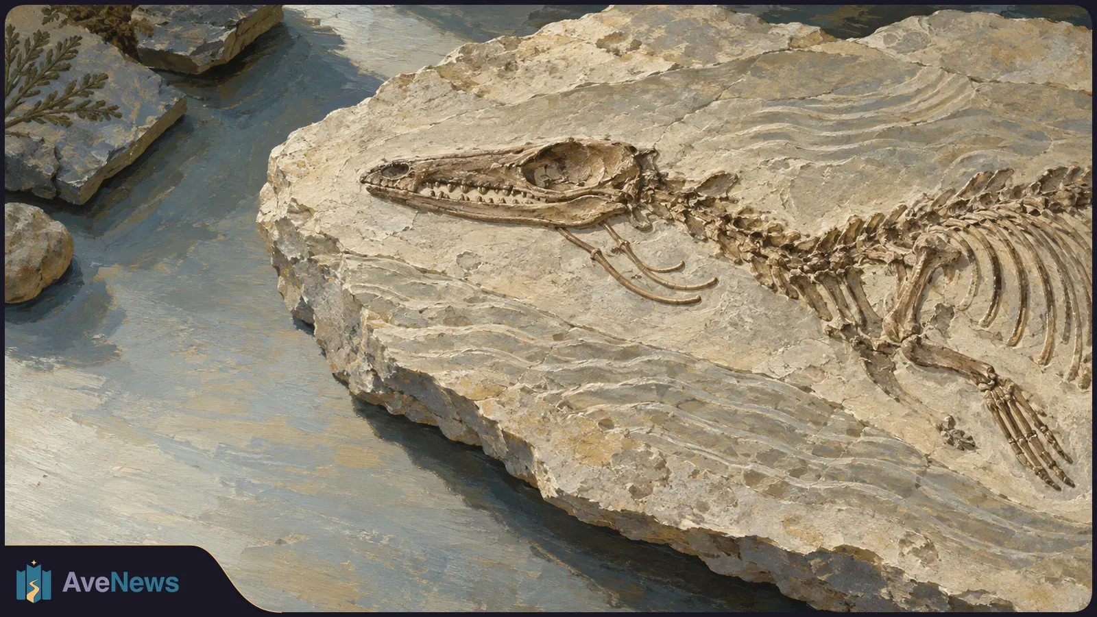 A painted close-up of a long-snouted animal fossil in a pale stone slab, with its skull, ribs and forelimb visible. SI illustration
