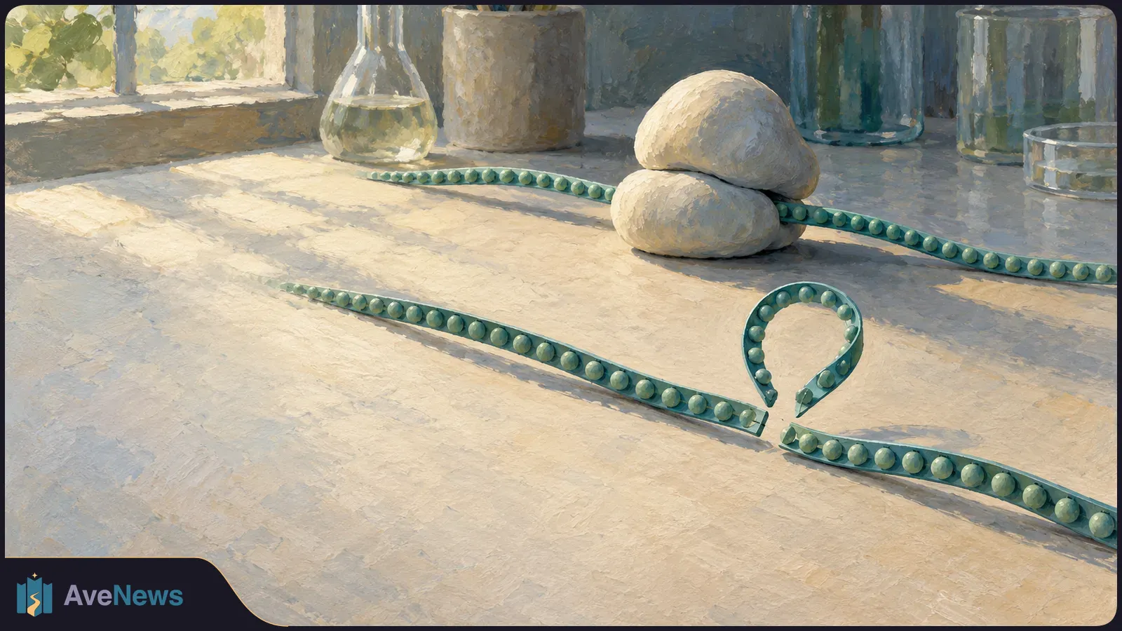 A painted, sunlit tabletop with glassware, two pale rounded forms, and a green bead-like strand. A detached loop lies between two separated lengths of the strand. SI illustration