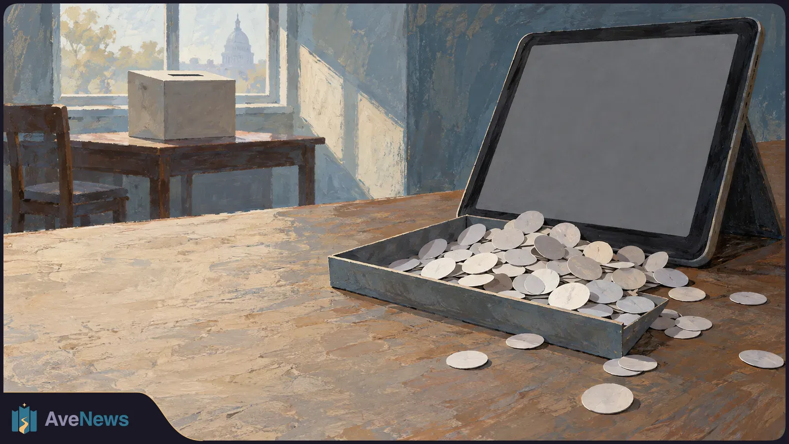 Painted scene of a blank tablet screen behind a tray of white discs on a table. A ballot box sits by a window in the background. SI illustration