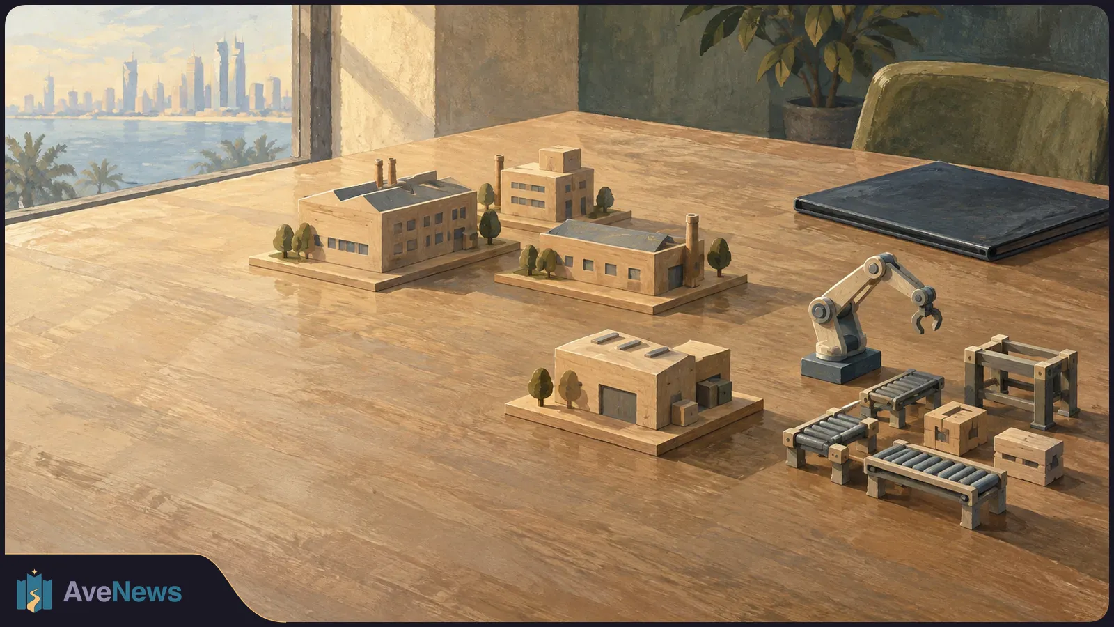 Painted scene of miniature buildings and a robotic arm with conveyors on a wooden table, with a waterfront skyline beyond the window. SI illustration