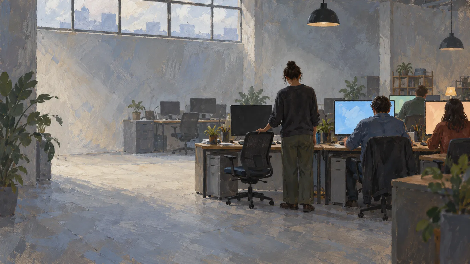 Painterly illustration of people at computer desks in a sunlit office, with one person standing beside an empty chair and plants scattered around the room. SI illustration