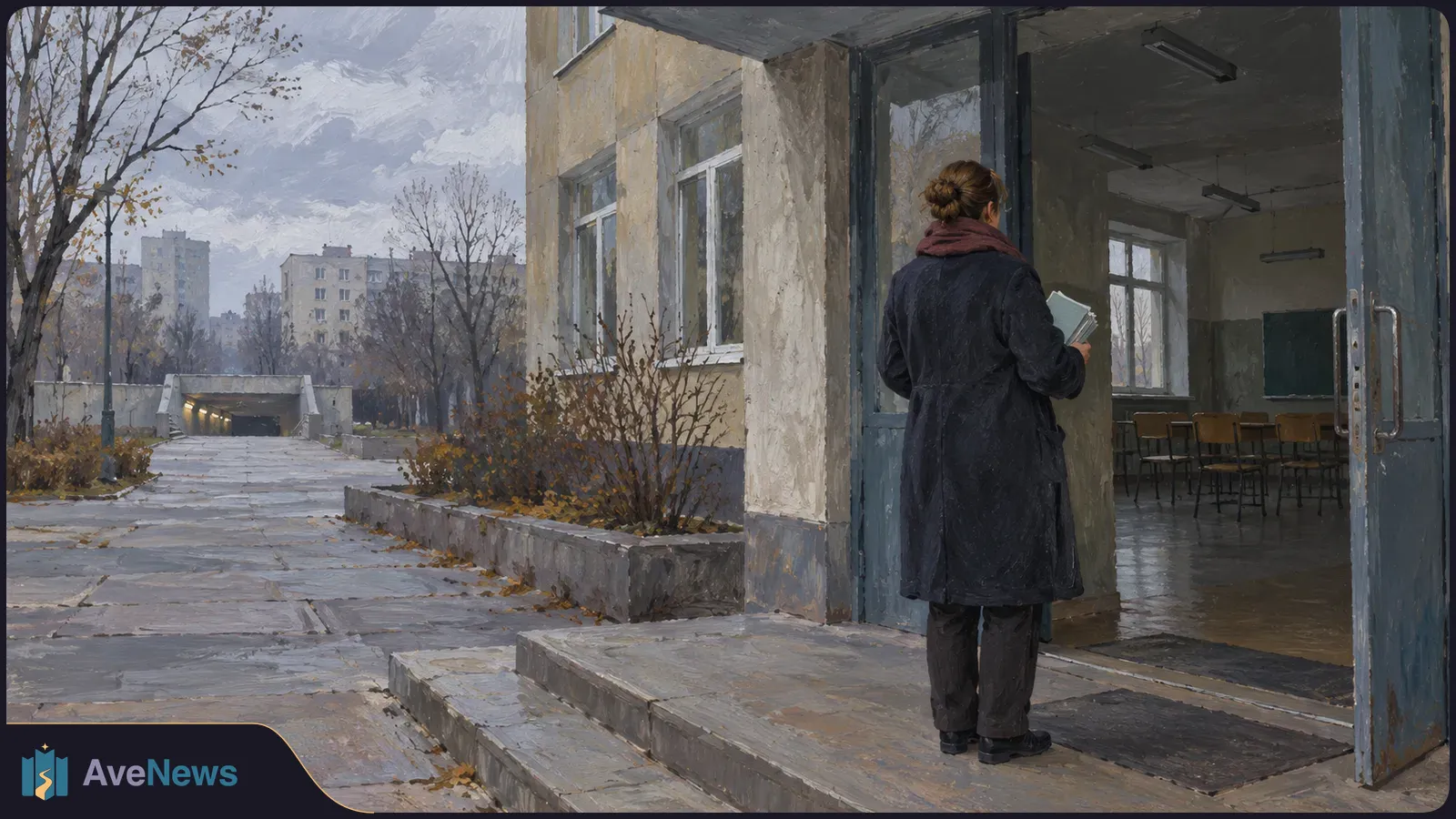 A painted scene shows a person holding papers at the entrance to a building. Empty chairs are visible inside; bare trees and a walkway stretch outside. SI illustration