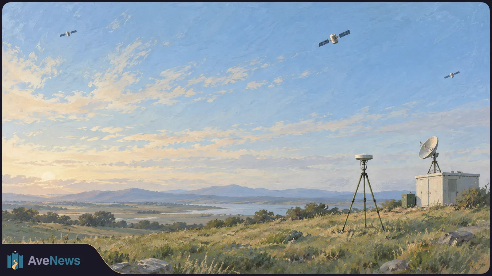 Painted landscape with three satellites overhead and a tripod-mounted receiver and dish antenna on a grassy hill at sunset. SI illustration