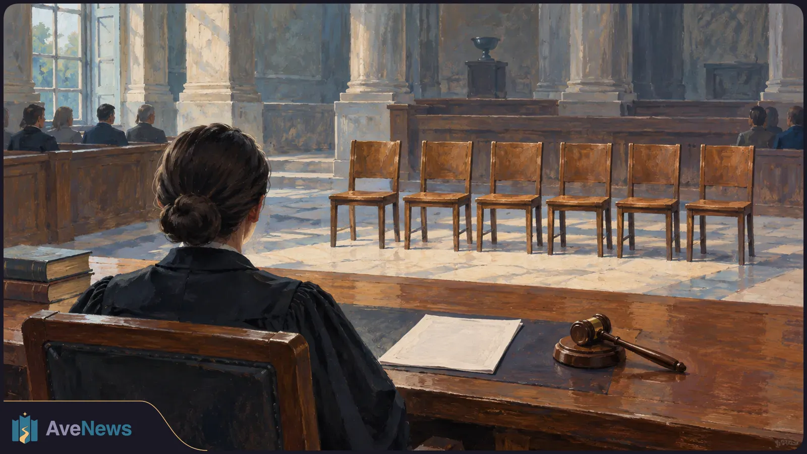 Painted courtroom scene viewed from behind a robed figure at a desk with papers and a gavel; six empty chairs face the bench, with people seated along the sides. SI illustration