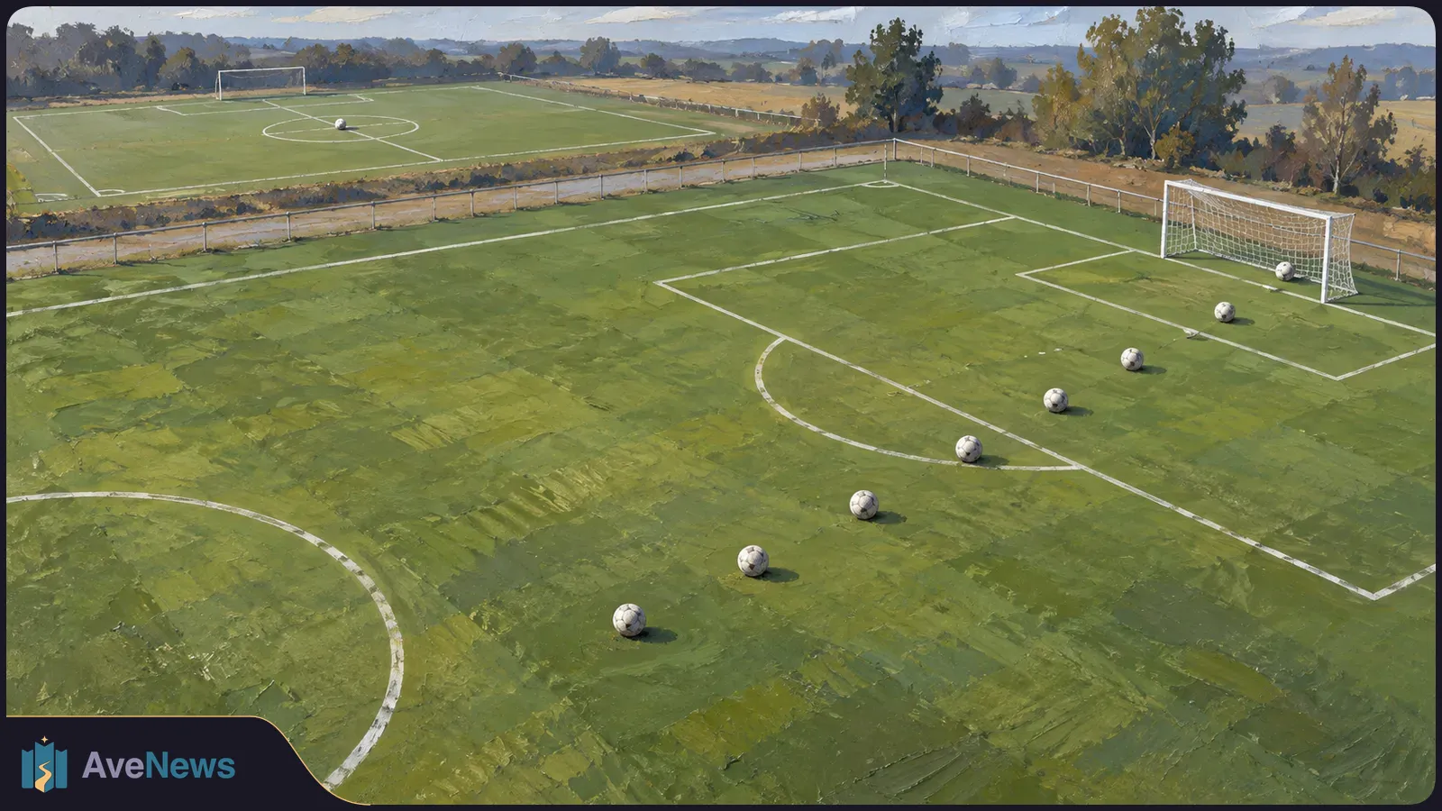 Painted view of two empty soccer fields, with several balls across the foreground pitch and a goal at the right. SI illustration