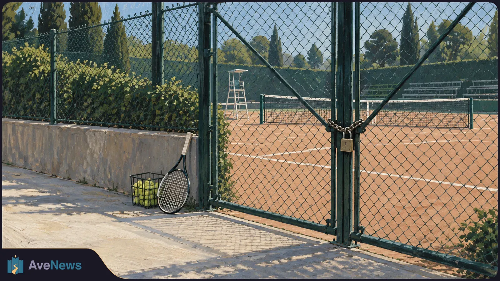 A padlocked chain-link gate closes off an empty clay tennis court. A racket and basket of balls sit outside. SI illustration