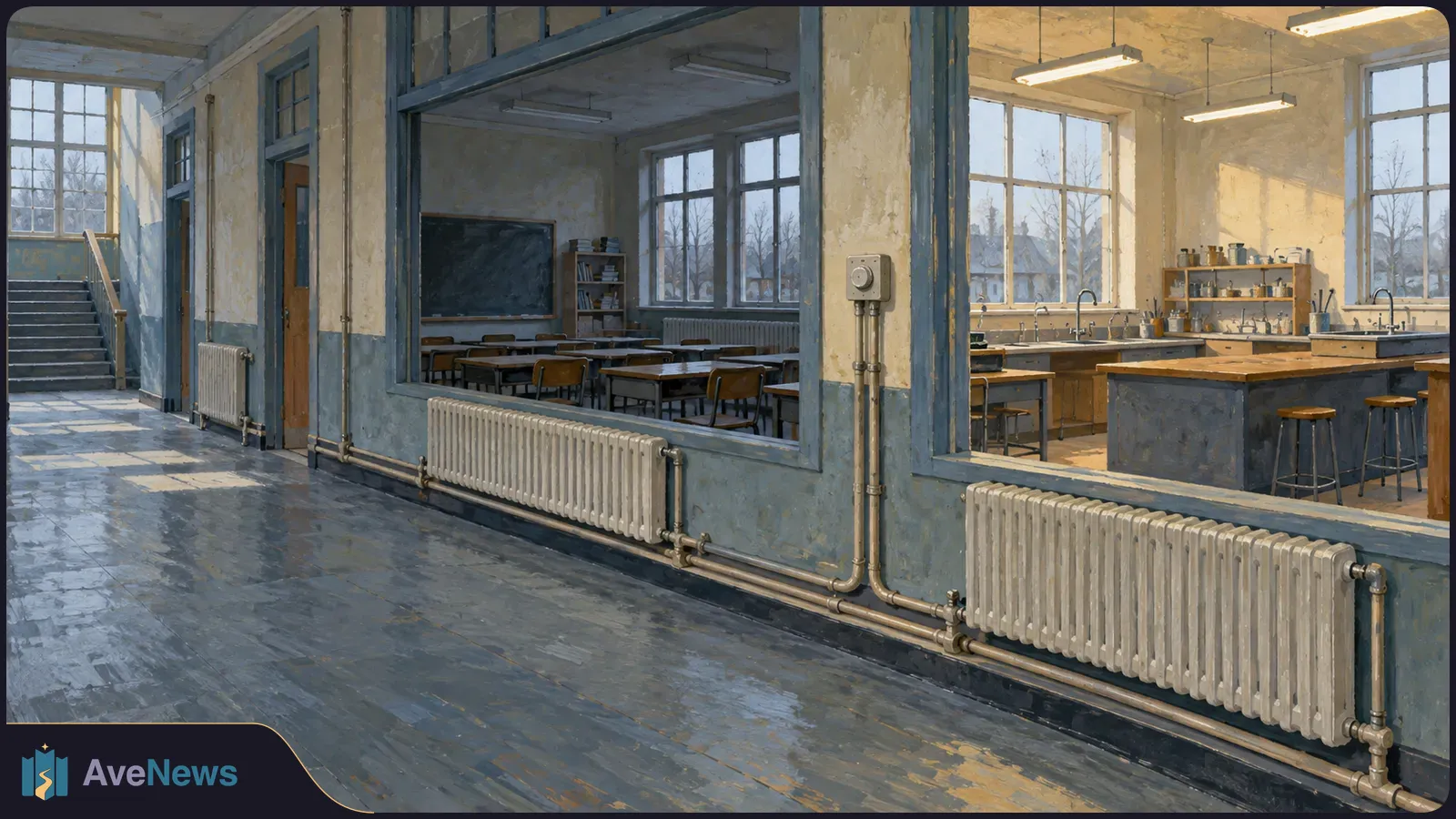 An empty school corridor opens onto a classroom and science lab, with large radiators and exposed heating pipes along the wall. SI illustration