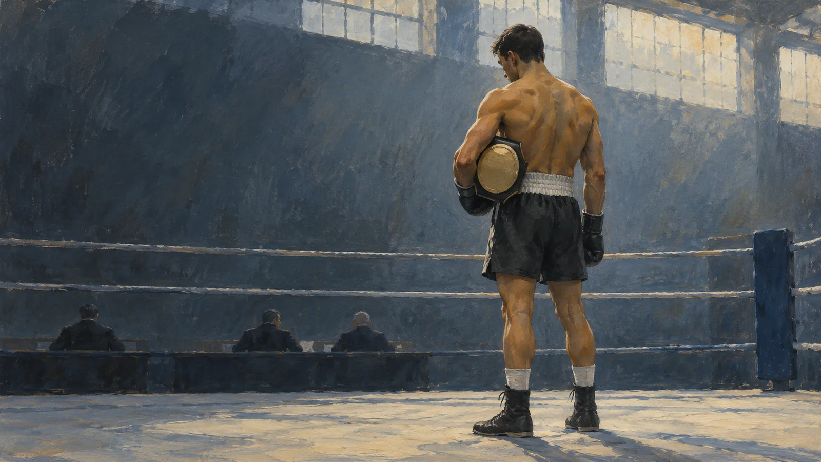 A painted boxer stands with his back to the viewer in a sunlit ring, holding a gold-plated belt. Three people sit beyond the ropes. SI illustration