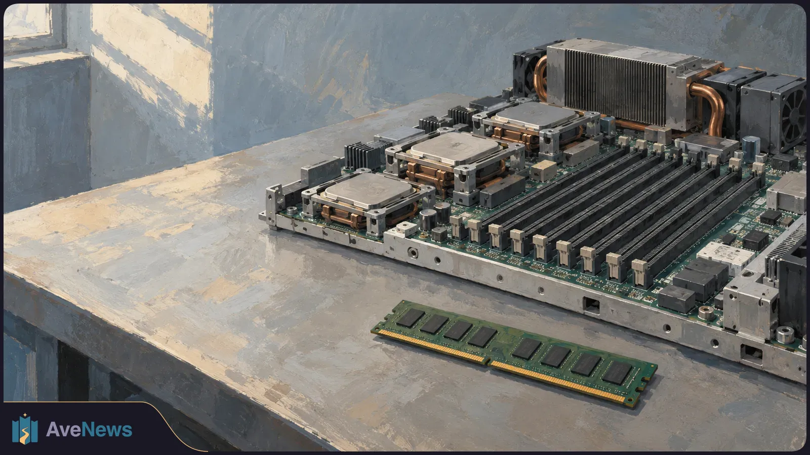 Painted illustration of a server board with several processors and empty memory slots on a table. A RAM module lies separately in front. SI illustration