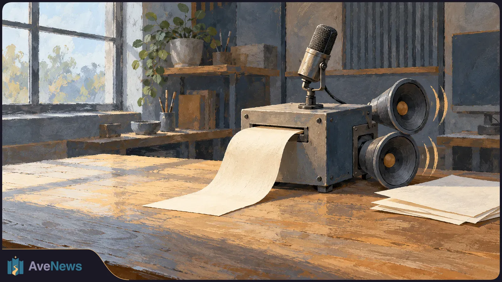 Painterly scene of a microphone atop a box feeding out a blank sheet, with two speakers attached to its side on a sunlit wooden desk. SI illustration