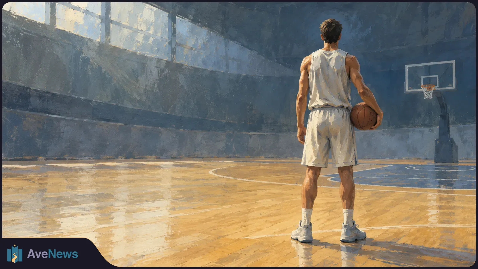 Painted scene of a basketball player seen from behind, holding a ball on an empty indoor court and facing a hoop. SI illustration