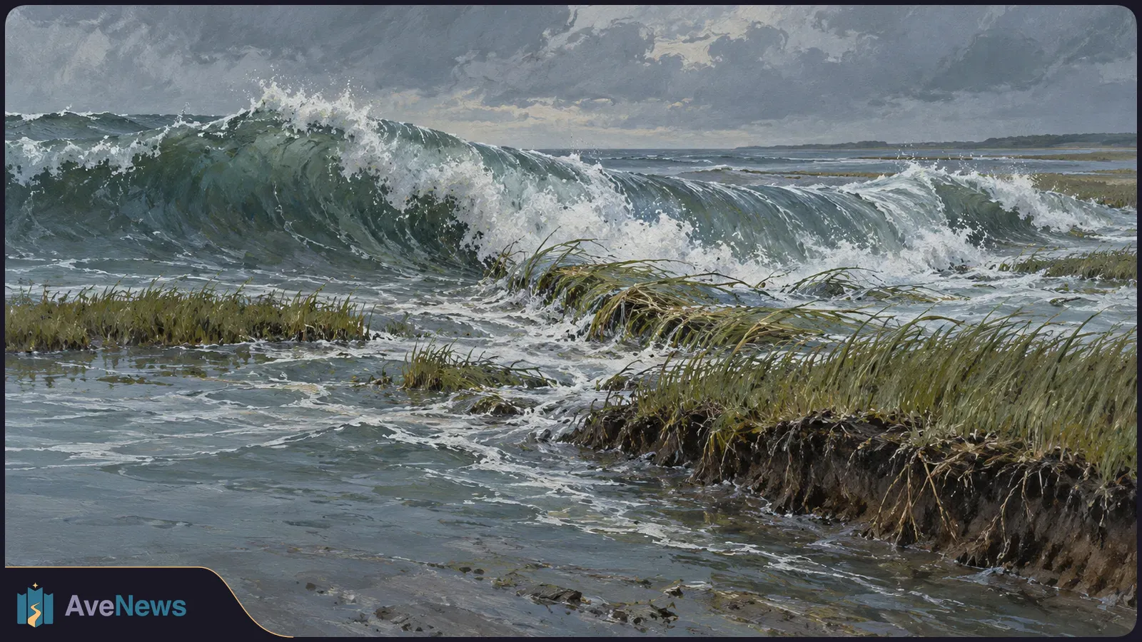 A large wave breaks over marsh grasses beneath a dark, cloudy sky, with foamy water washing around grassy banks. SI illustration