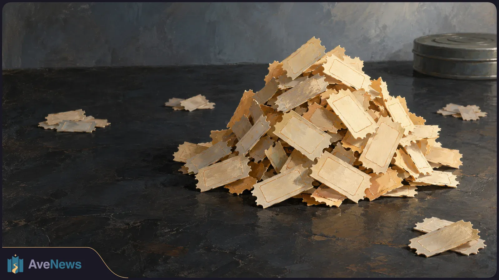 A pile of blank beige tickets on a dark surface, with several scattered nearby and a round metal film canister behind them. SI illustration