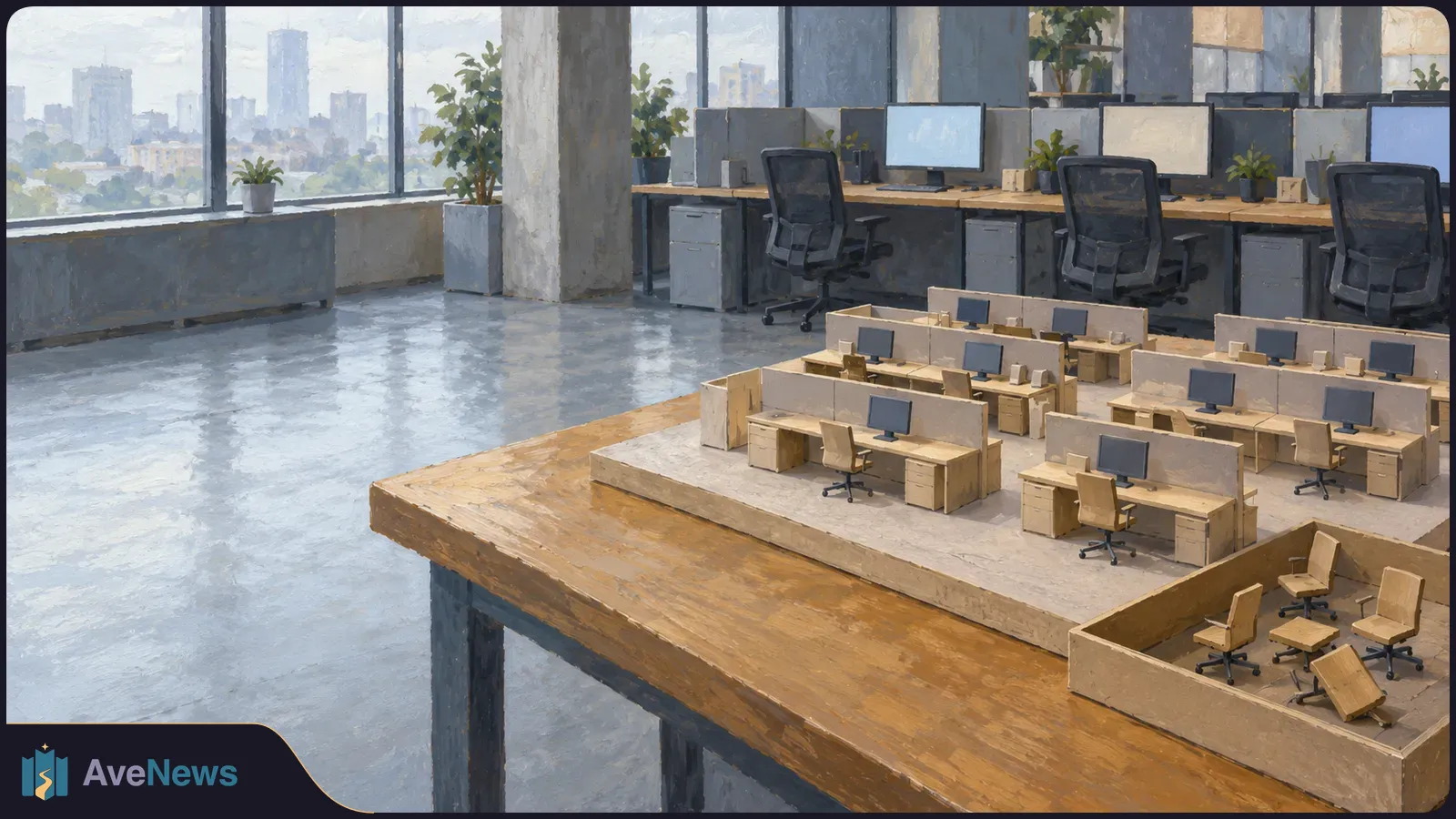 A painted, empty office with computer desks. On a large table, a miniature office layout shows rows of workstations beside a separate tray of chairs. SI illustration