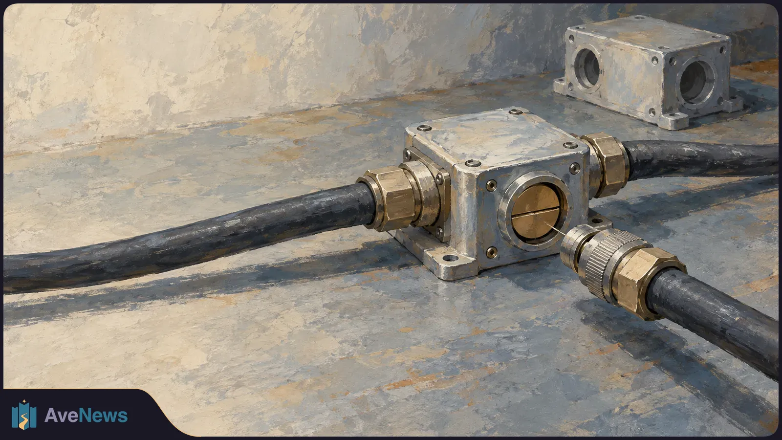 Painted industrial junction box with three thick black cables and metal fittings on a concrete surface; a second empty box sits behind it. SI illustration