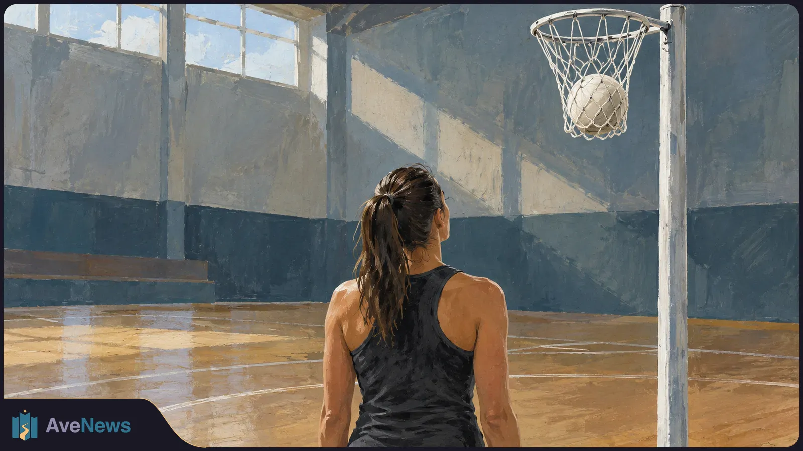 A player with a ponytail stands with her back to the viewer on an indoor court, facing a ball in the hoop’s net. Sunlight falls across the wooden floor. SI illustration