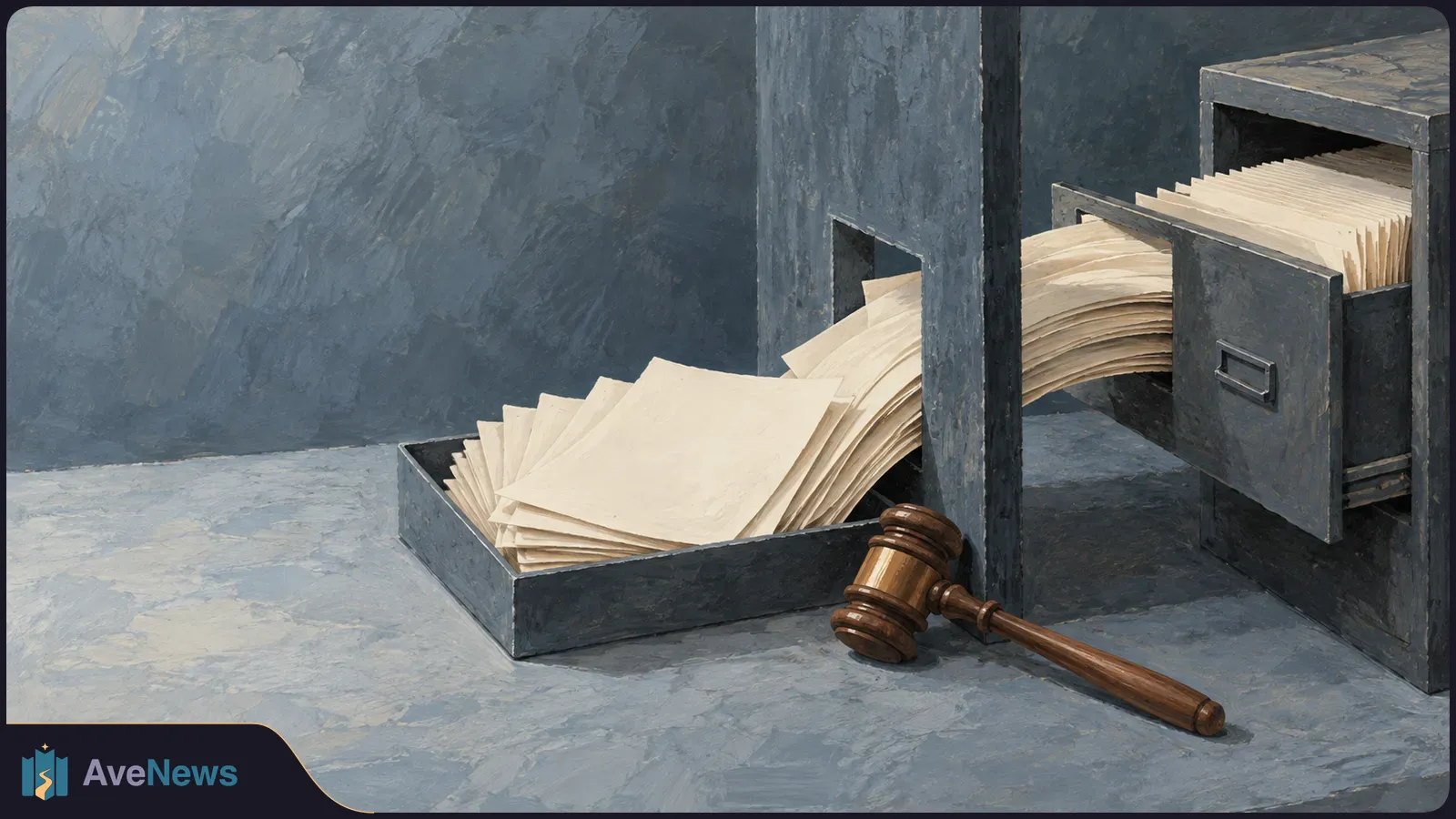 Illustration of blank papers spilling from an open filing cabinet drawer into a tray, with a wooden gavel on the floor beside them. SI illustration