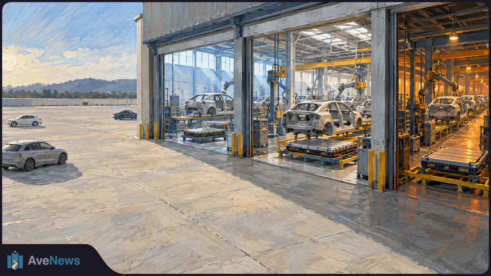 Painted view of a car factory with unfinished vehicle bodies and flat battery packs on assembly lines; several cars sit outside the open bays. SI illustration