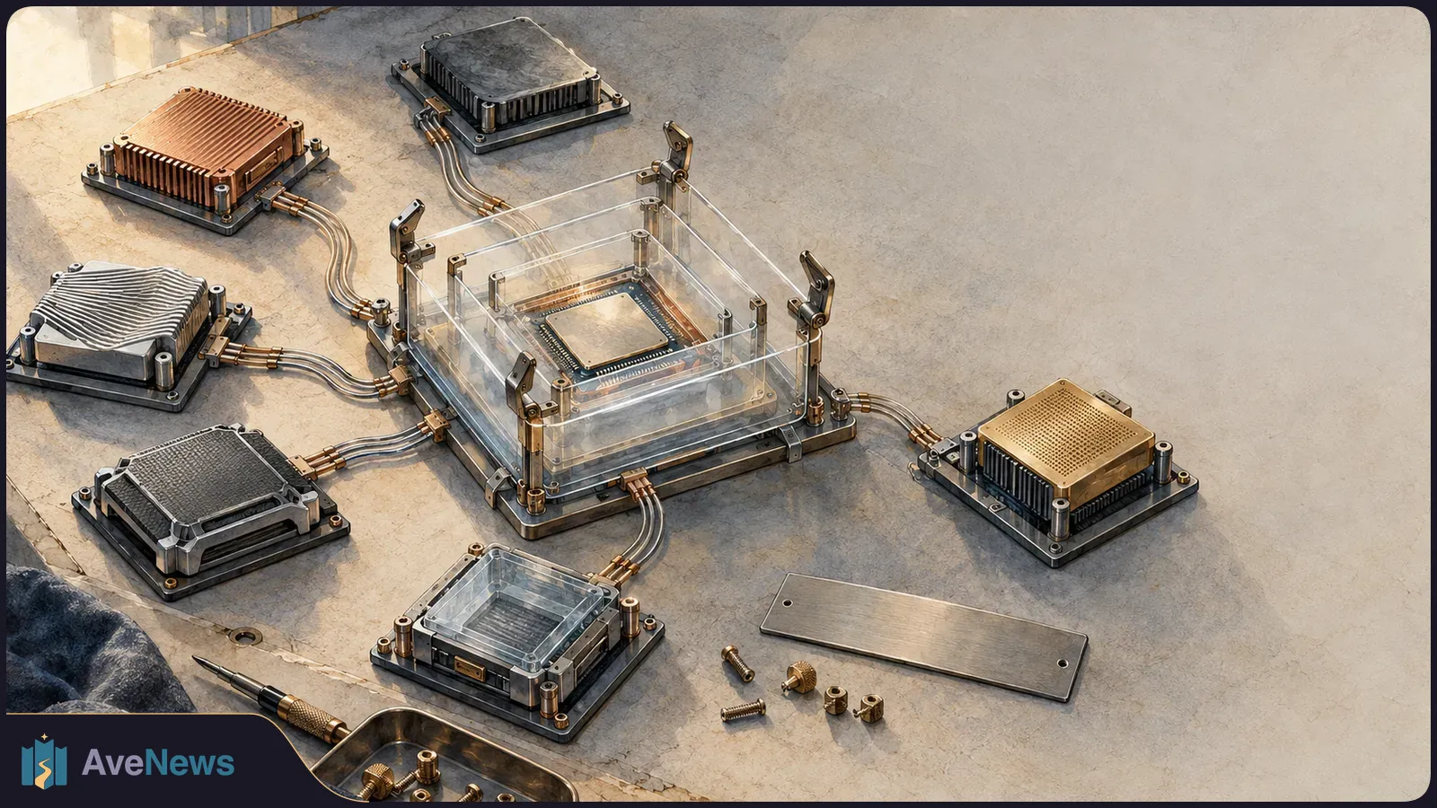 Illustration of a microchip inside a transparent enclosure, connected by cables to six hardware modules on a workbench. SI illustration
