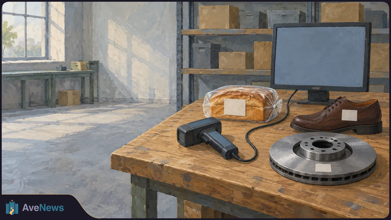 Painted warehouse scene with a loaf of bread, a brown shoe and a metal brake disc bearing blank labels on a worktable beside a handheld scanner and blank monitor. SI illustration