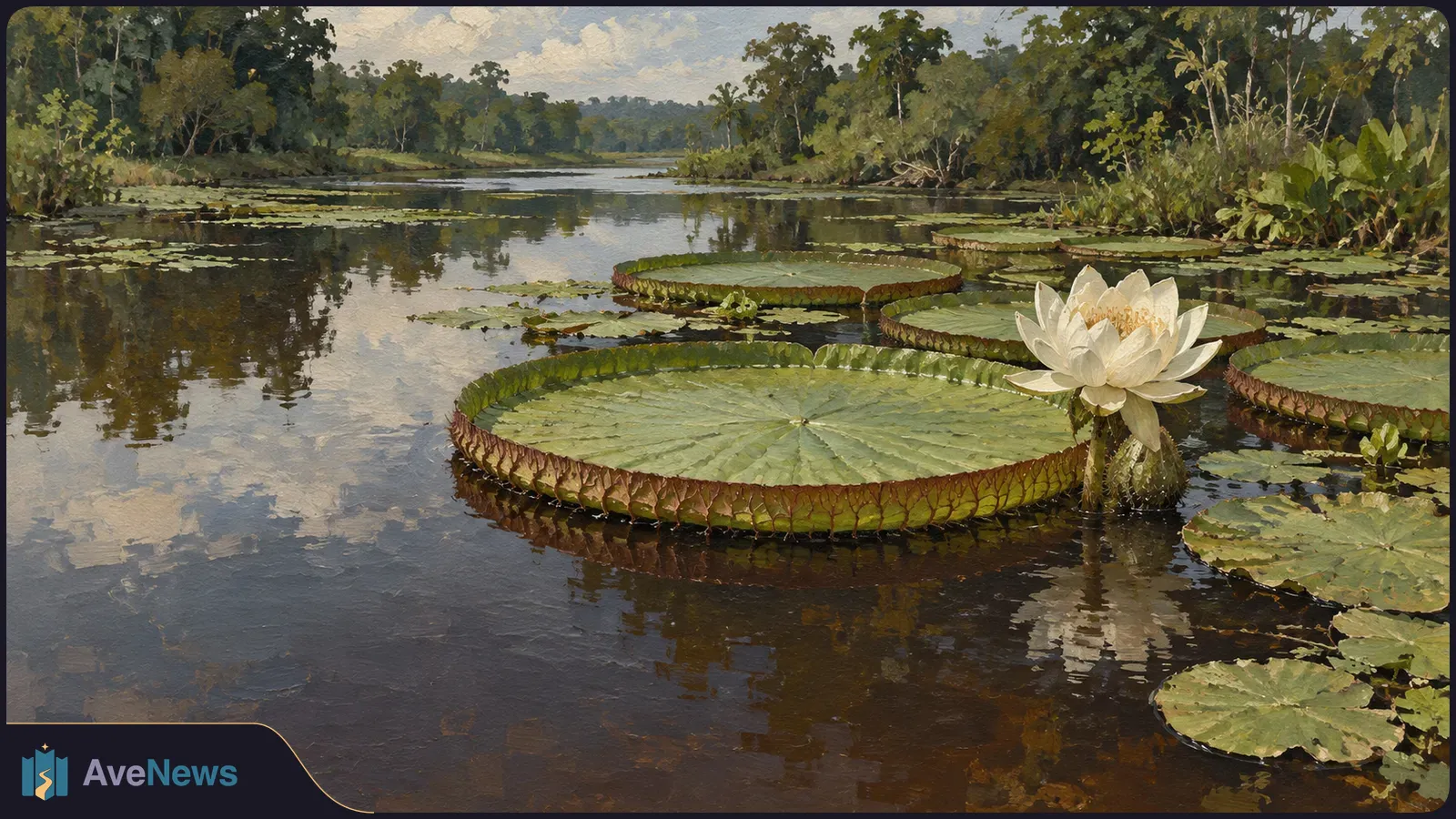 A painting of a white waterlily flower beside enormous round floating leaves on a calm, forest-lined river. SI illustration