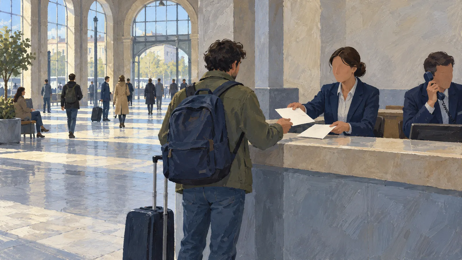 A traveler with a backpack and suitcase receives papers at a counter in a bright hall; another staff member speaks on a phone. SI illustration