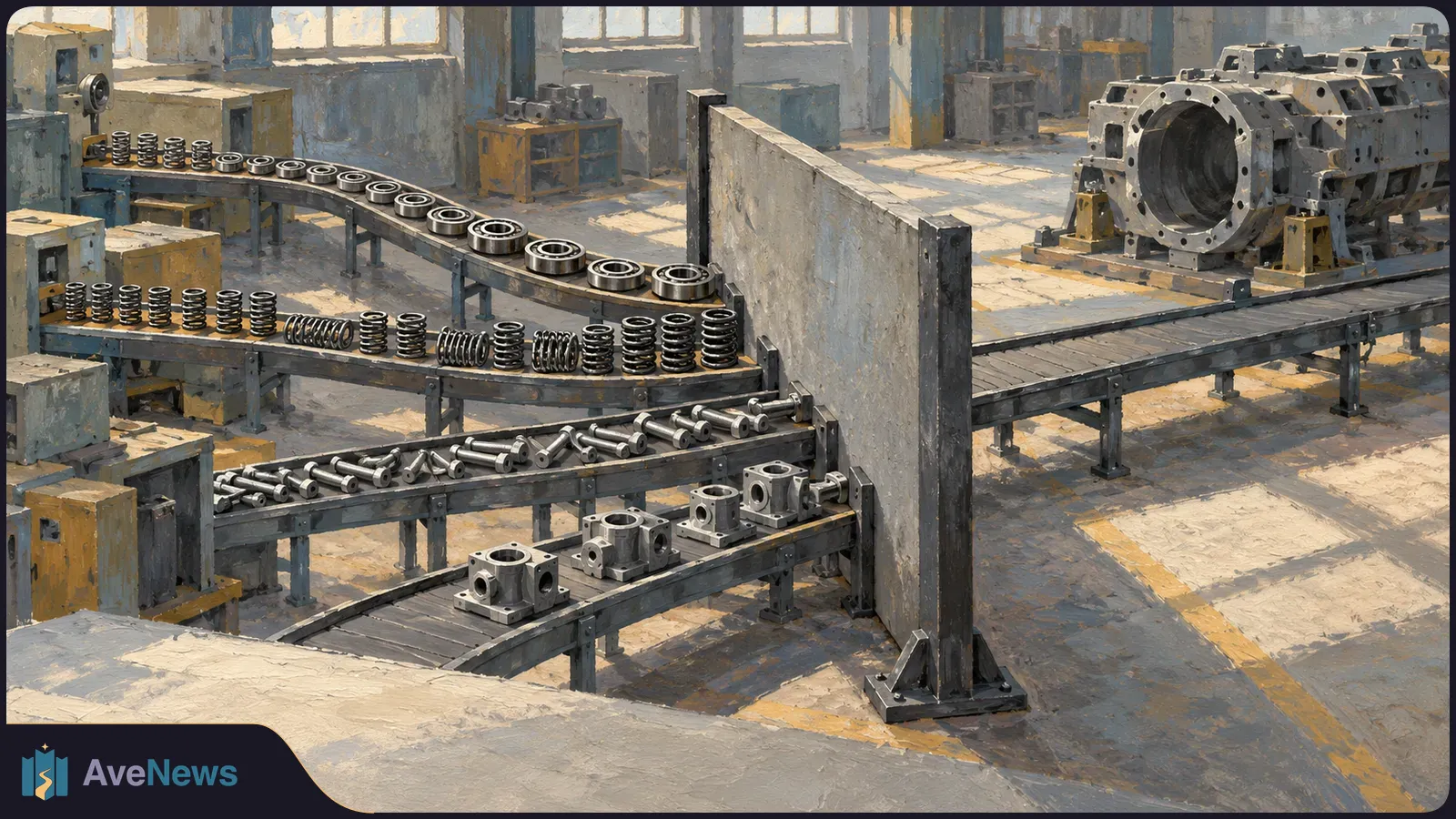 Painted factory interior with several conveyor belts carrying metal springs, bearings and machined parts past a large machine. SI illustration
