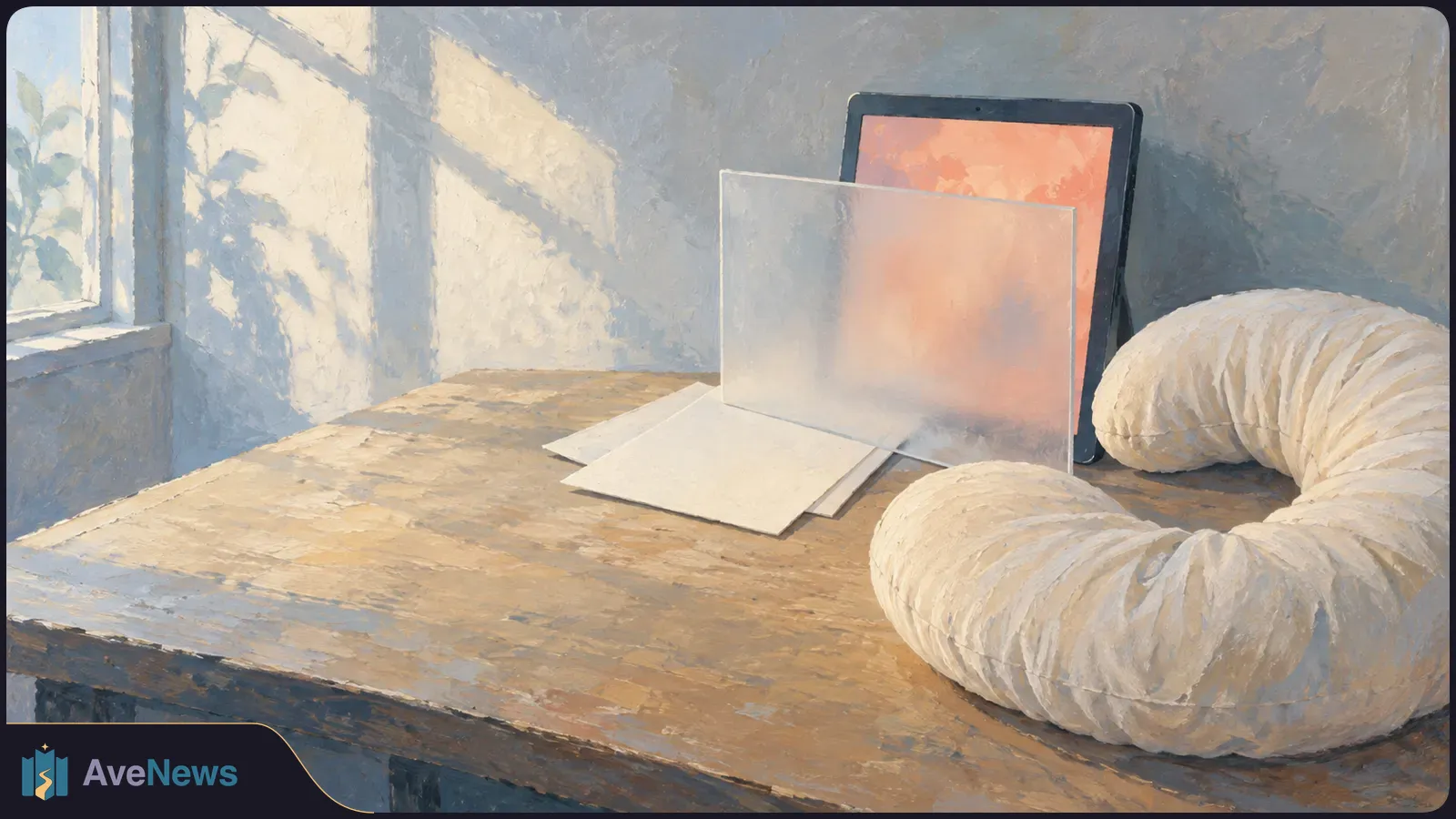 Painterly illustration of a U-shaped pillow on a wooden desk beside blank papers and a tablet partly obscured by a frosted panel. SI illustration