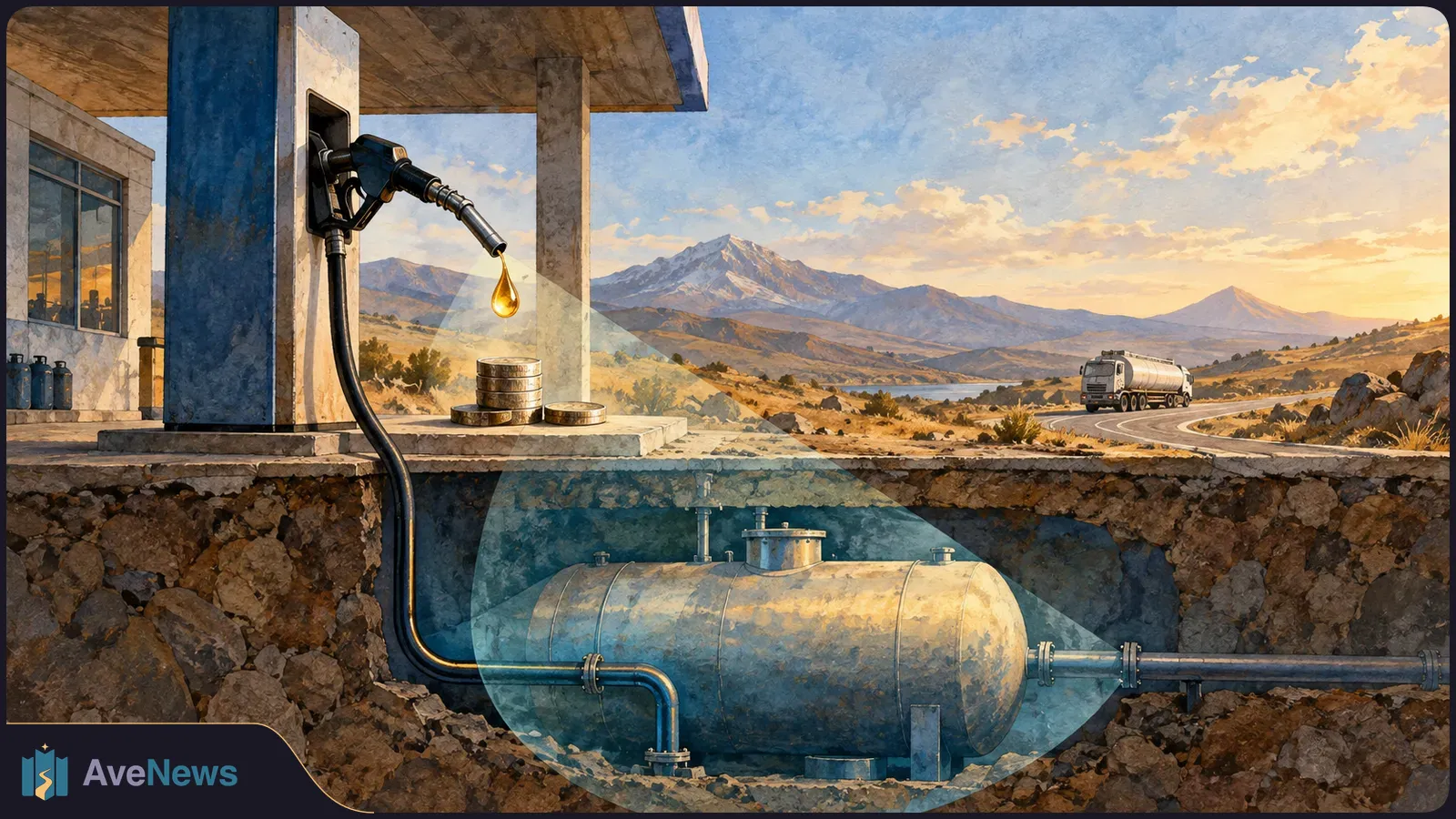 Painted illustration of a fuel pump dripping golden fuel, with pipes leading to an underground tank; a tanker truck drives past mountains in the background. SI illustration