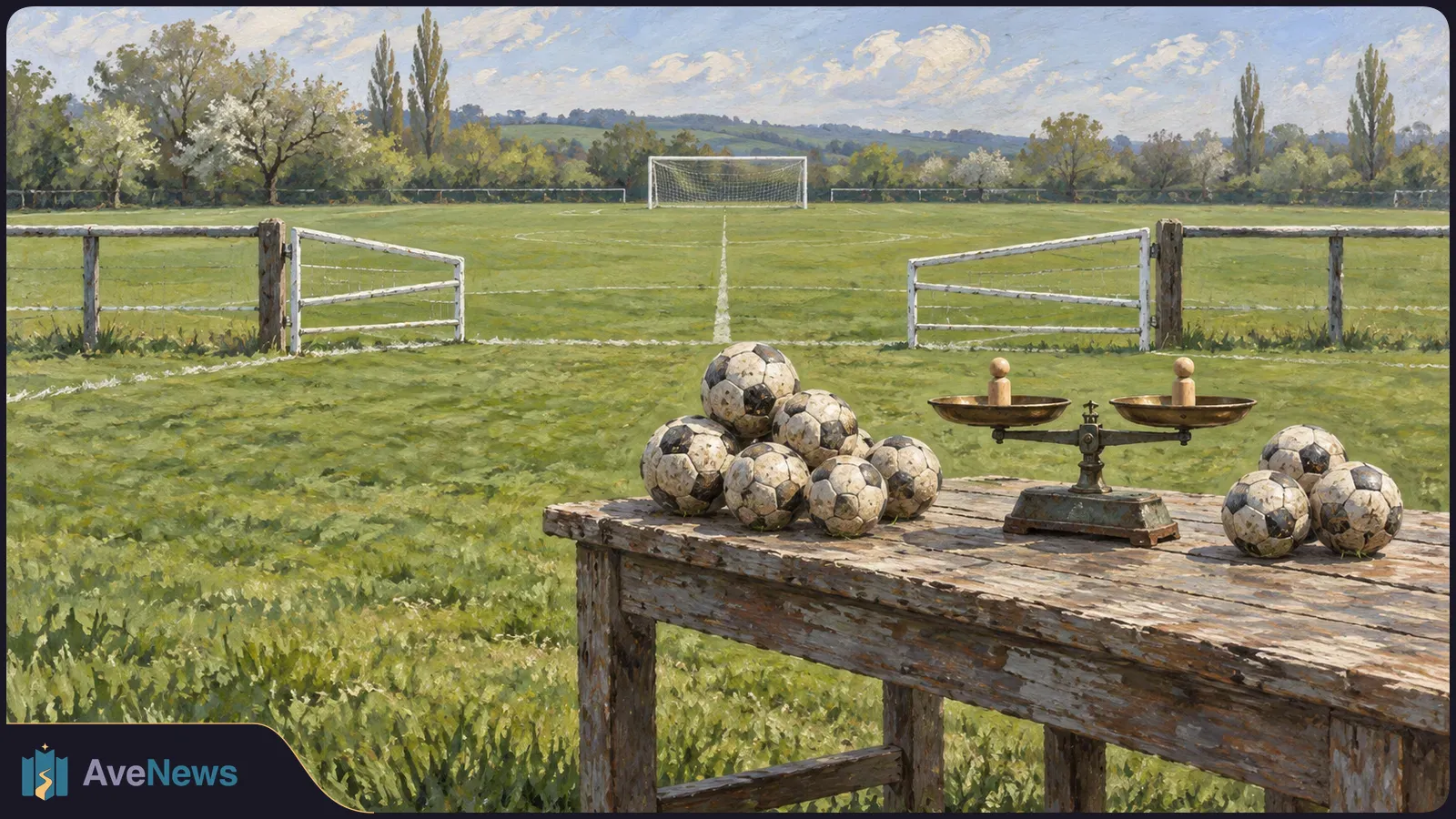 Painted football pitch with an open gate and goal. A weathered table in front holds unequal groups of footballs beside a level balance scale. SI illustration
