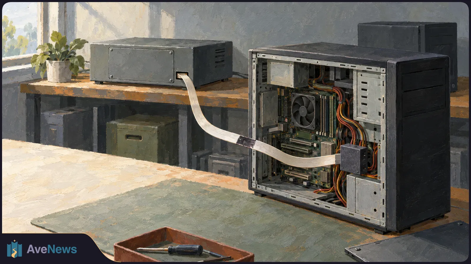 Painted illustration of an open desktop computer connected by a wide ribbon cable to a gray box. A screwdriver and detached panel lie on the workbench. SI illustration