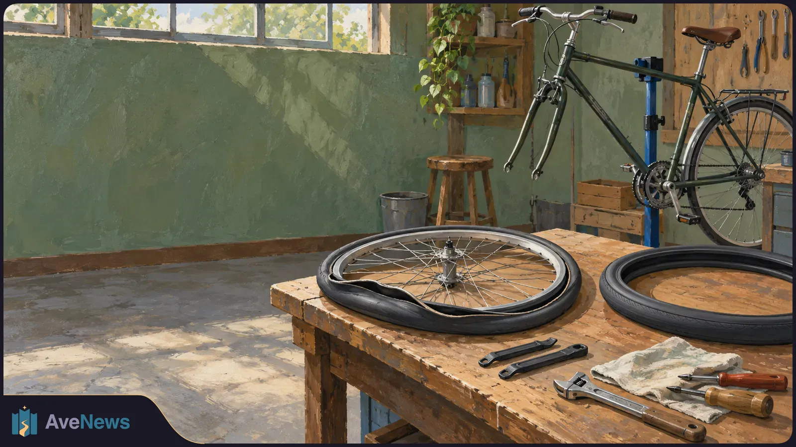 A painted bicycle workshop with a front-wheel-less bike behind a workbench holding a removed wheel with a buckled tyre, a loose tyre and repair tools. SI illustration