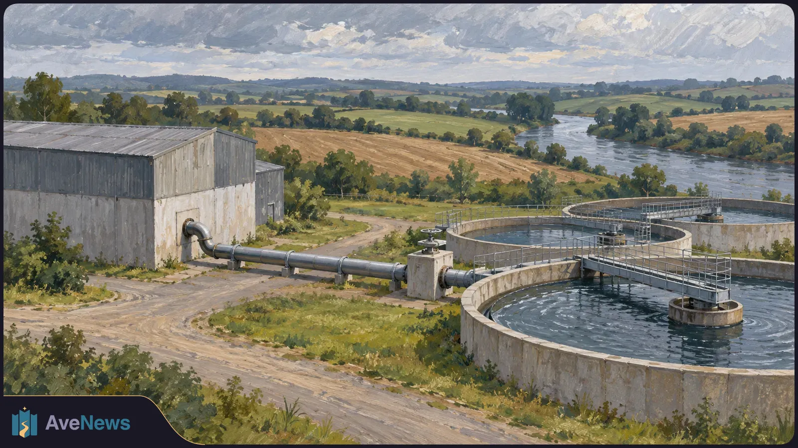 Painted view of circular wastewater treatment tanks and a pipe beside fields and a winding river under a cloudy sky. SI illustration