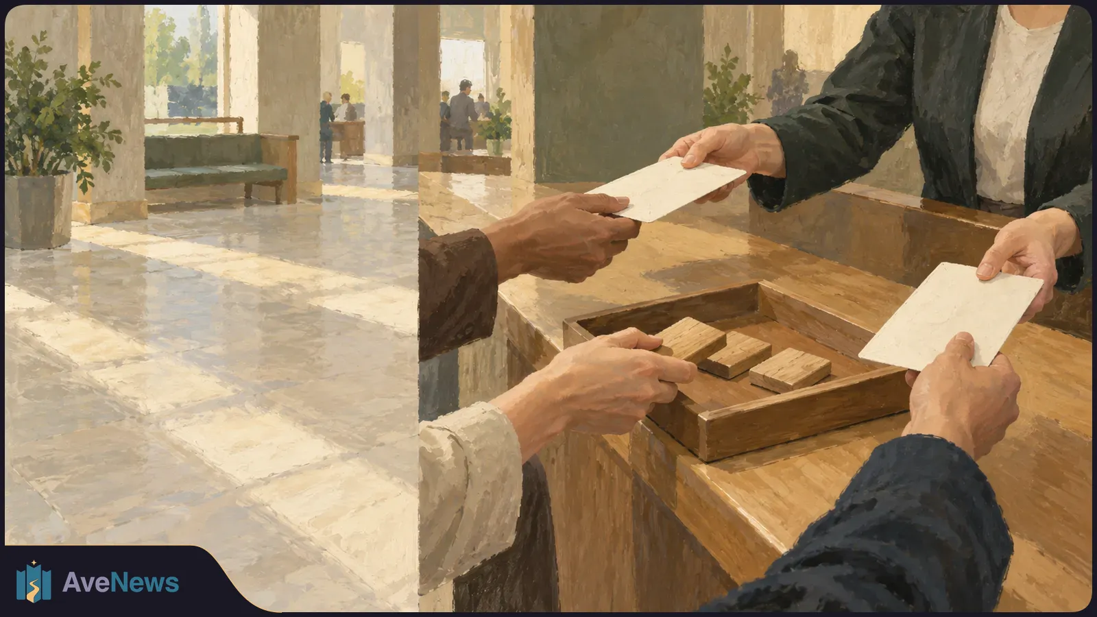 Painterly scene of people exchanging blank sheets across a wooden counter, with small wooden blocks in a tray and a sunlit lobby behind them. SI illustration