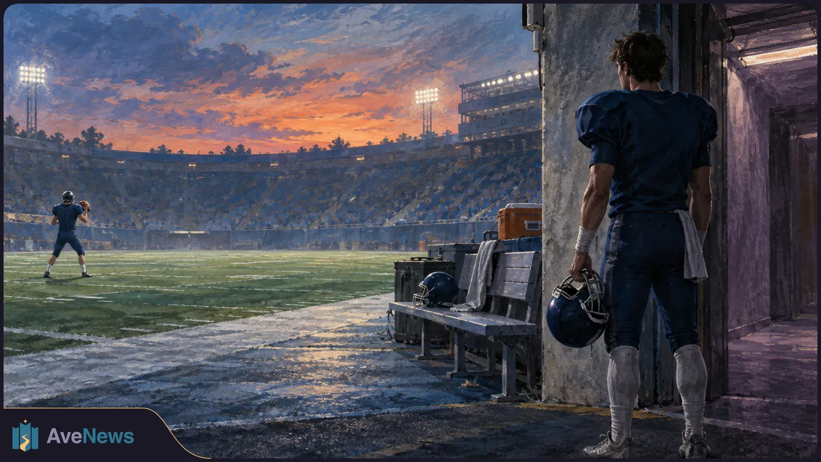 At sunset, a football player holding a helmet stands by a stadium tunnel, watching another player throw a ball on the field under floodlights. SI illustration