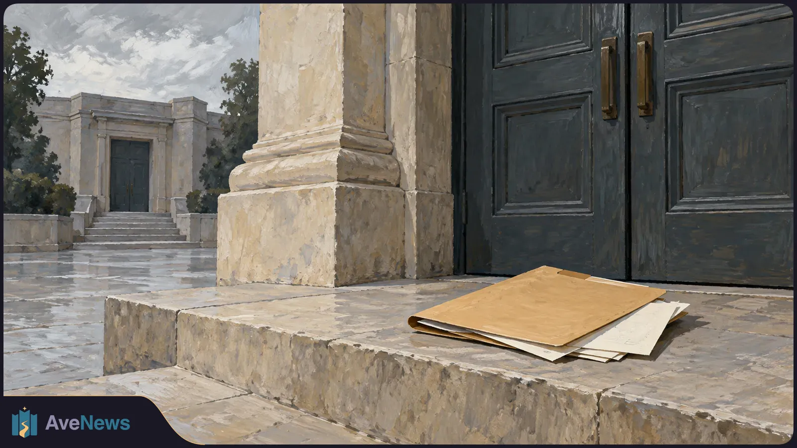 Painterly view of a brown folder and loose papers on stone steps beside dark double doors, with another stone building across a courtyard. SI illustration