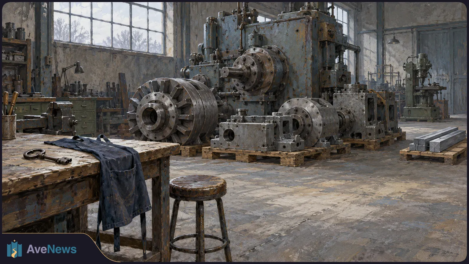 Illustrated industrial workshop with large metal machine parts on pallets, a worn workbench draped with a dark jacket, a stool, and tall windows. SI illustration