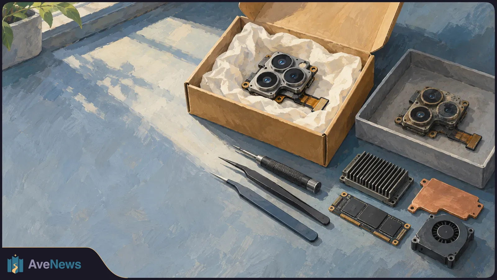 Illustration of two three-lens camera modules, one in a tissue-lined box and one in a tray, with tweezers, a screwdriver and electronic parts on a workbench. SI illustration