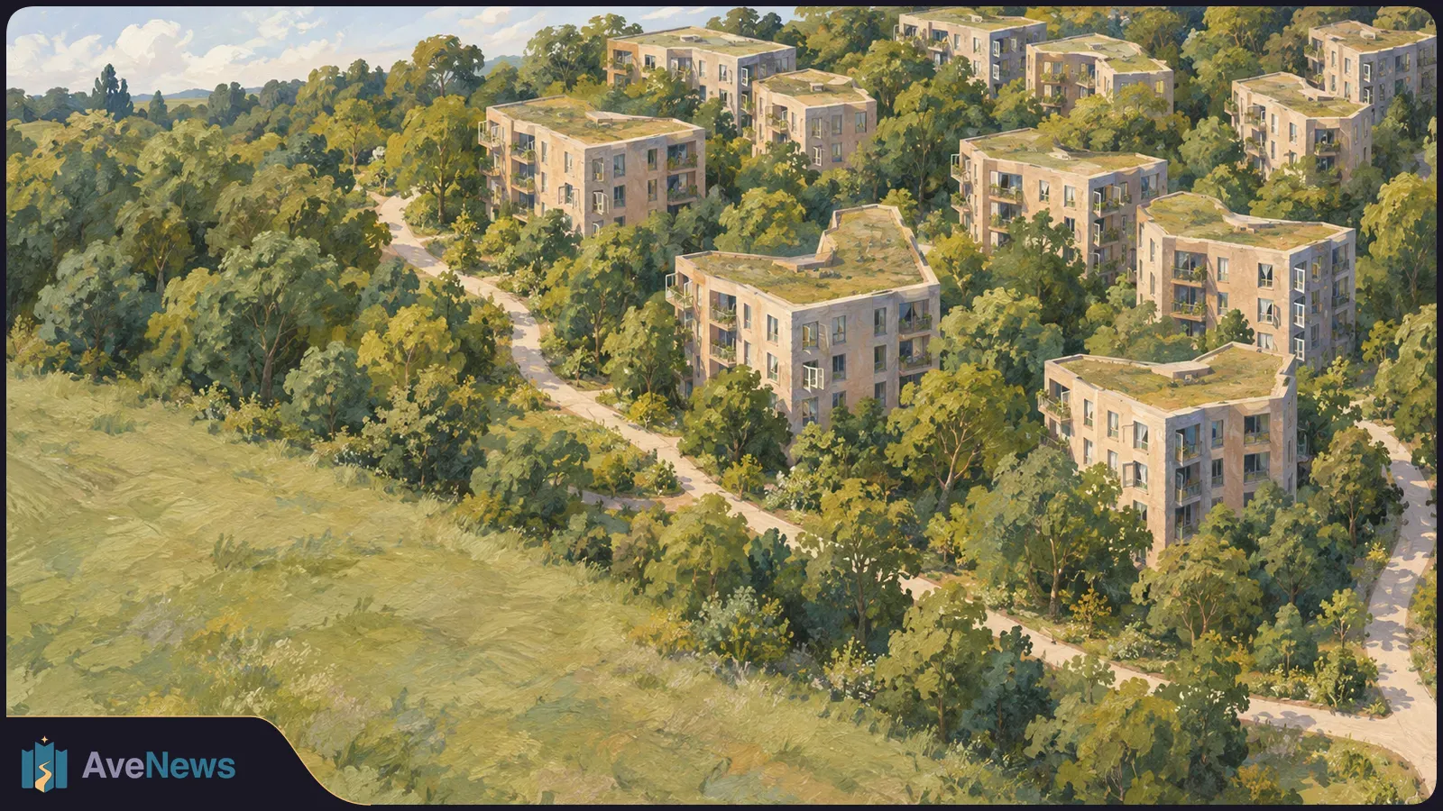 Painted aerial view of several low-rise apartment blocks among dense trees, with paths winding through the grounds and an open grassy area in front. SI illustration